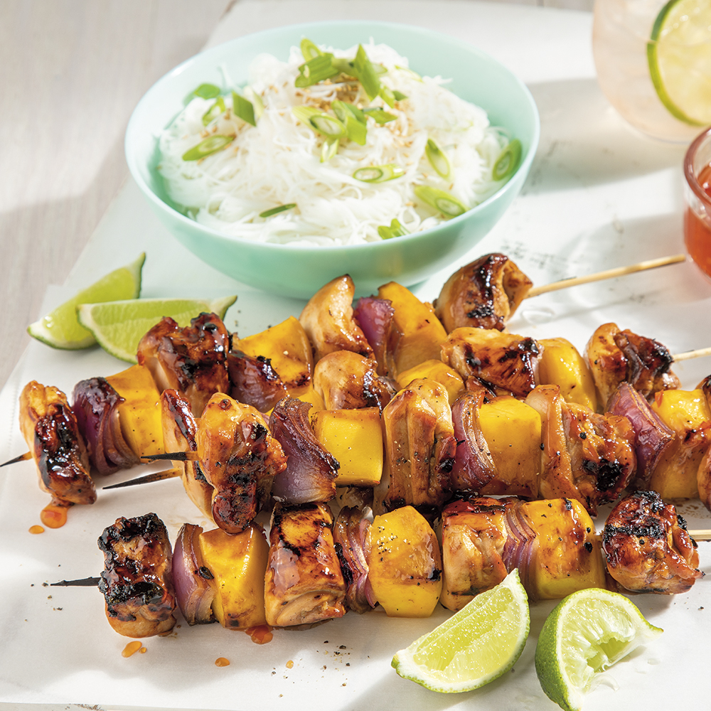 Brochettes de poulet au chili sucré et mangue - Miss Économe