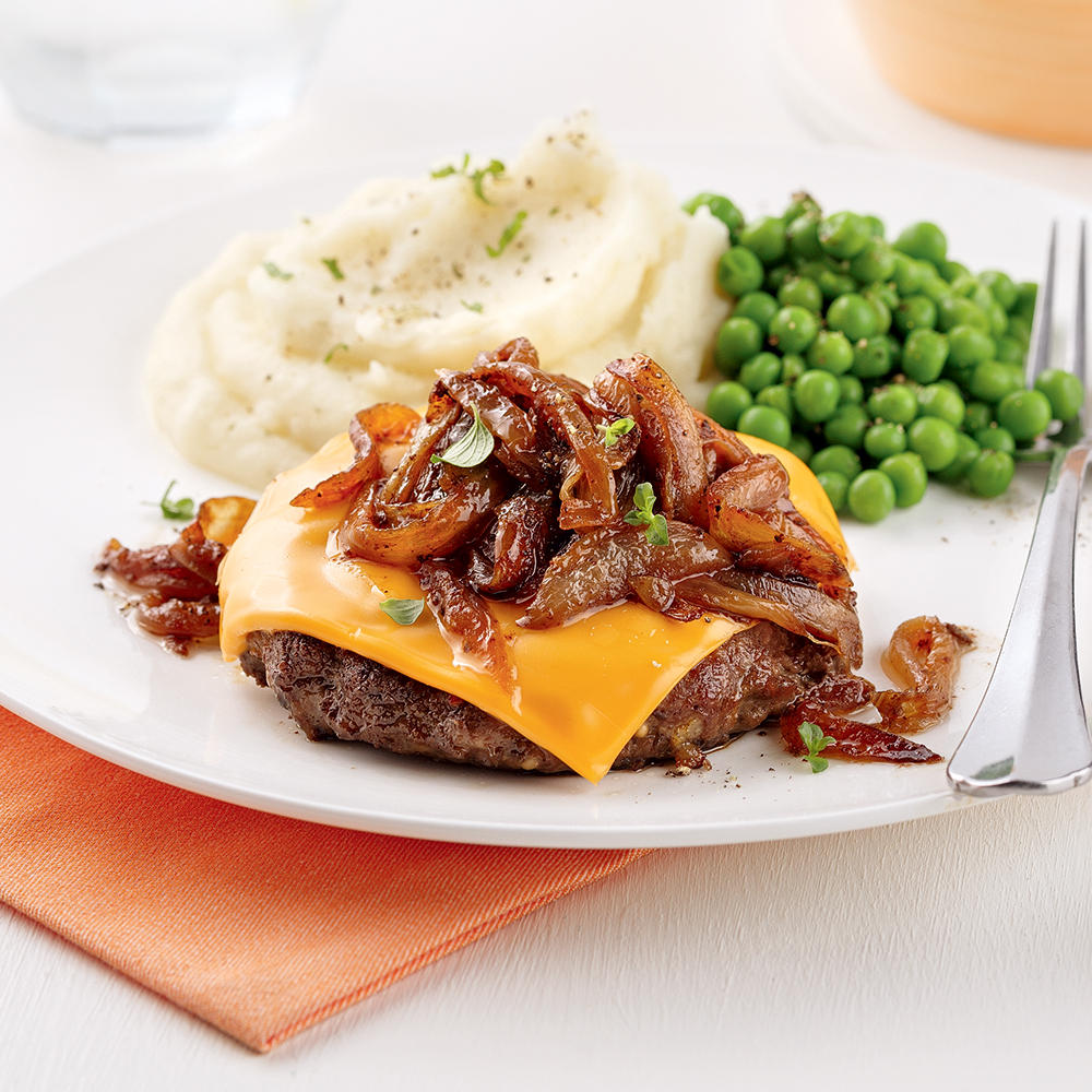 Galettes de boeuf, fromage et oignons caramélisés - Miss Économe