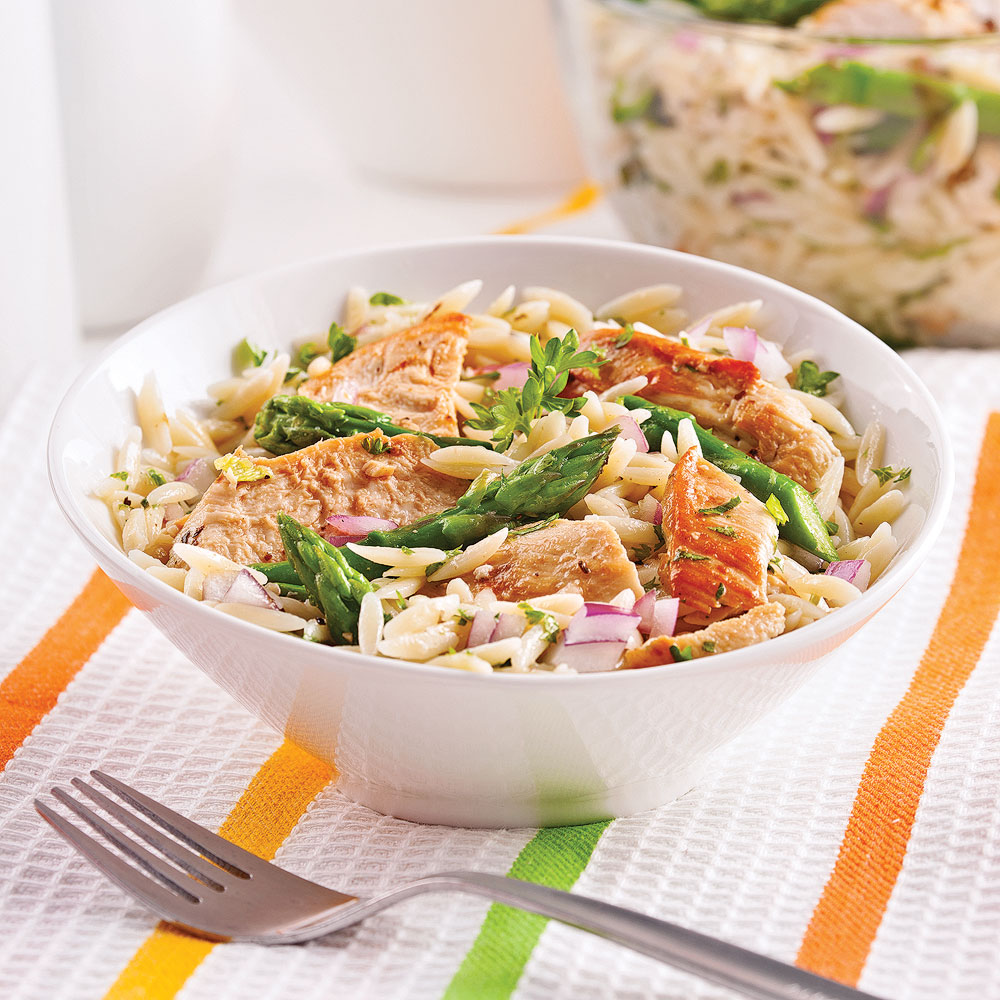 Salade d’orzo, asperges et poulet grillé - Miss Économe