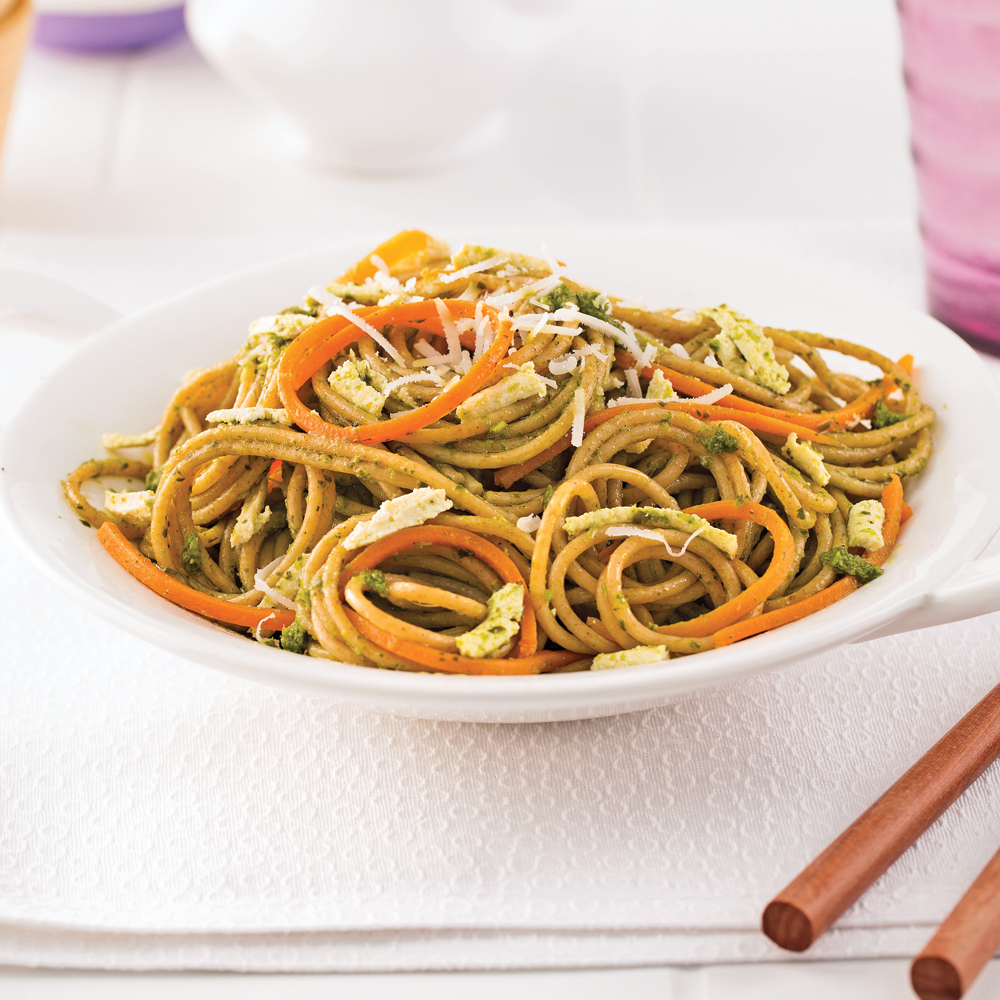 Spaghetti au tofu, carottes et pesto - Miss Économe